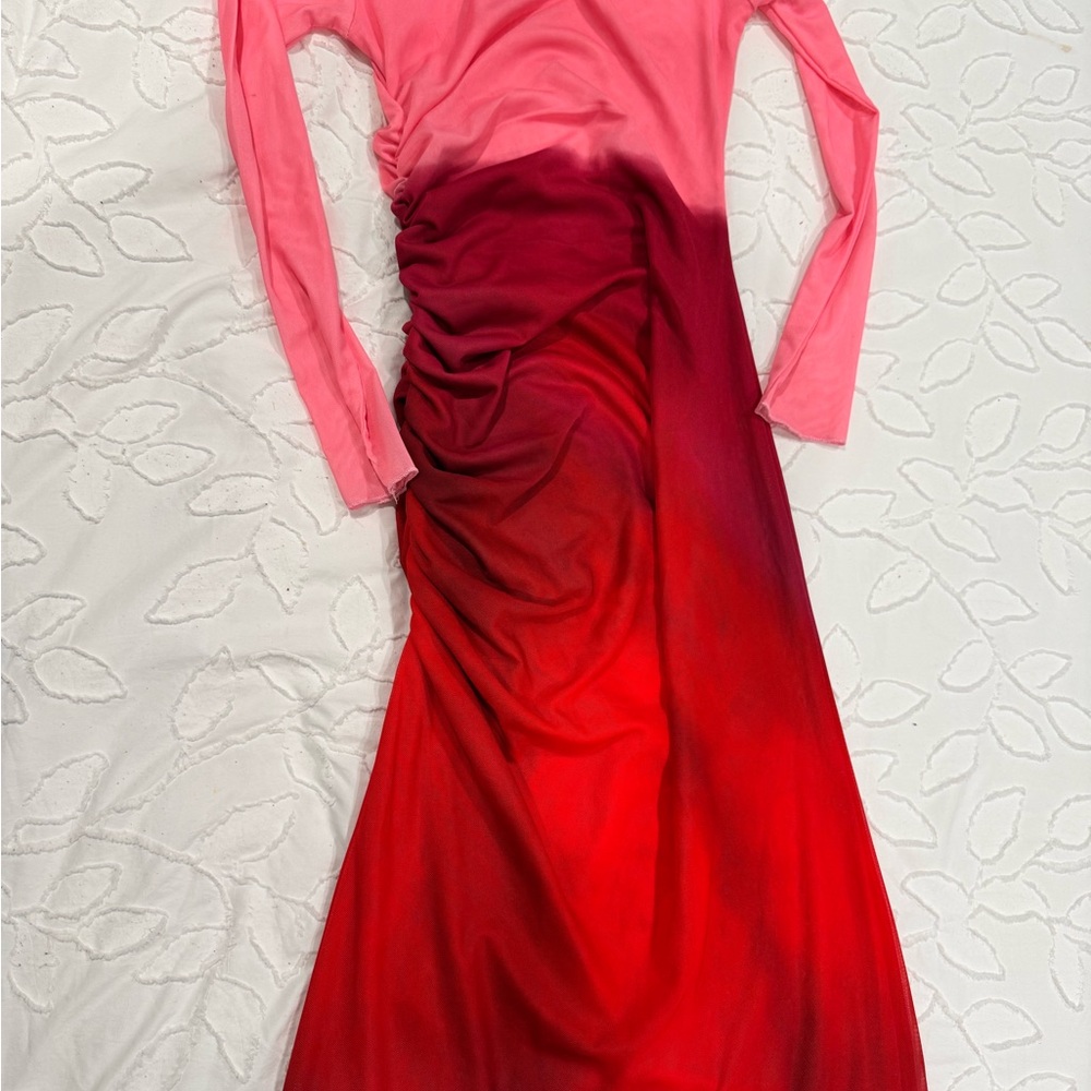 Elegant Pink and Red Ombre Maxi Dress body on size small - Picture 4 of 4